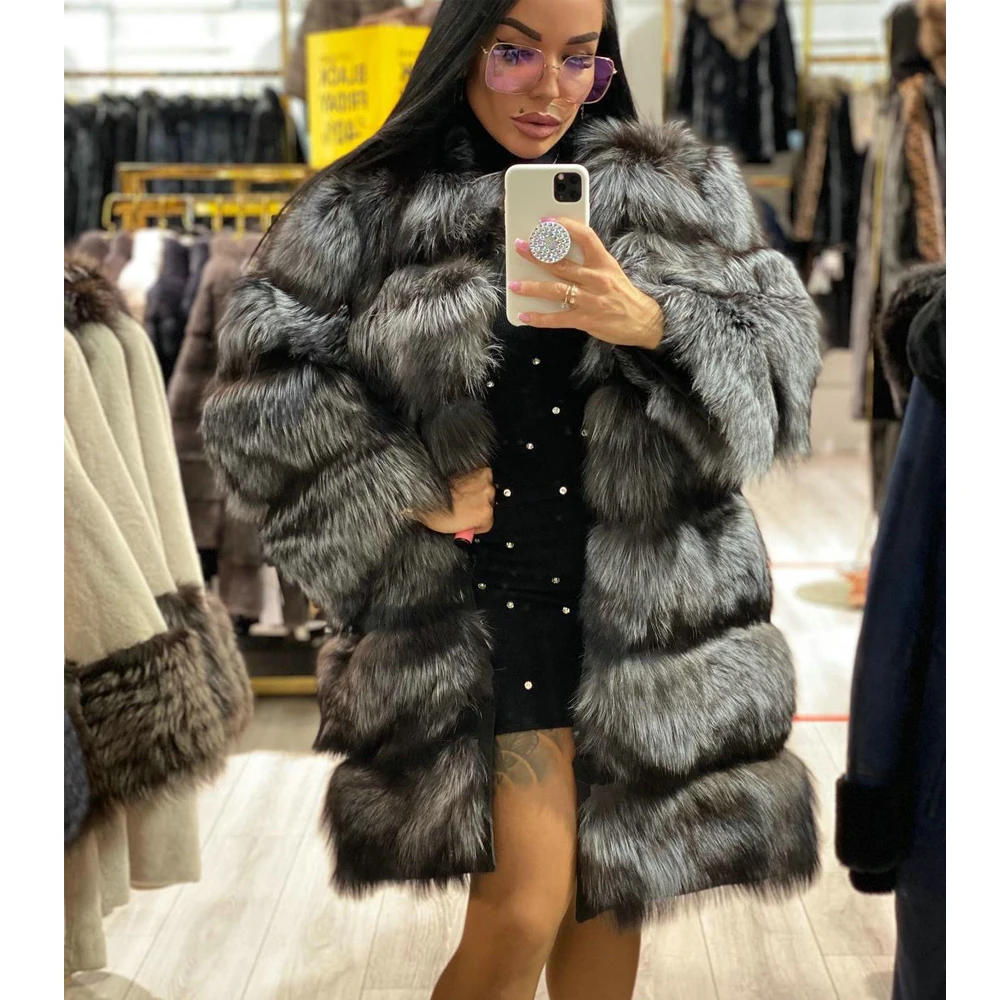 Trendy Women Real Silver Fox Fur Coat Round Collar Long Length Natural Whole Skin Genuine Silver Fox Fur Coats Female Outwear