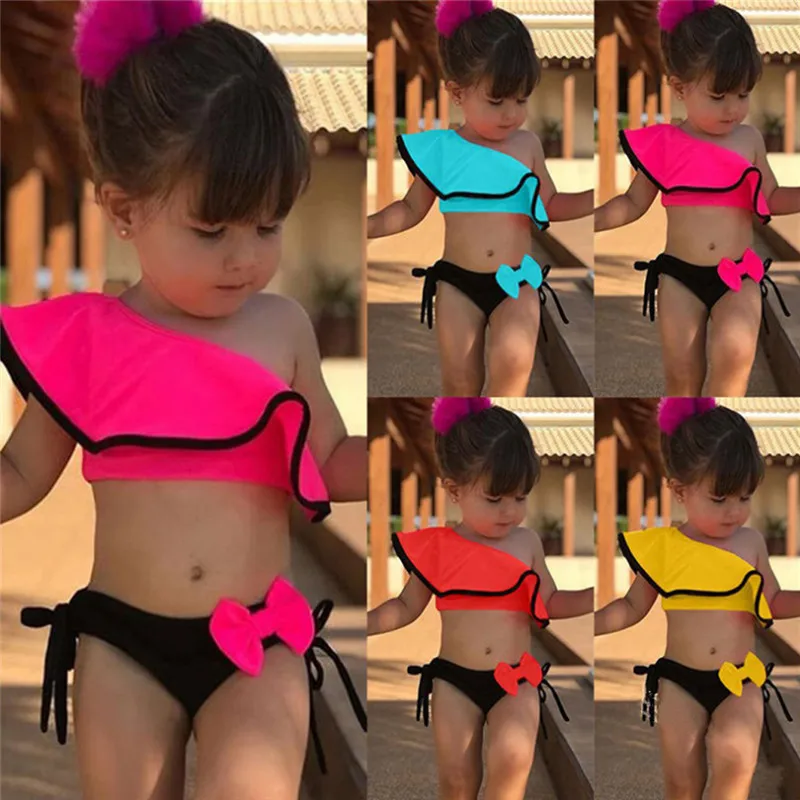

Baby Girls Swimwear 2020 New Toddler Infant Baby Girls One Shoulder Ruffle Bowknot Swimsuit Swimwear Swimming Bikini Set 0-4T