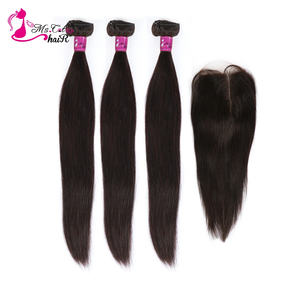 

Ms Cat Hair 3 Bundles Deal with Closure 4 Pcs/Lot Brazilian Straight Hair Remy Human Hair Bundles With Closure & Baby Hair