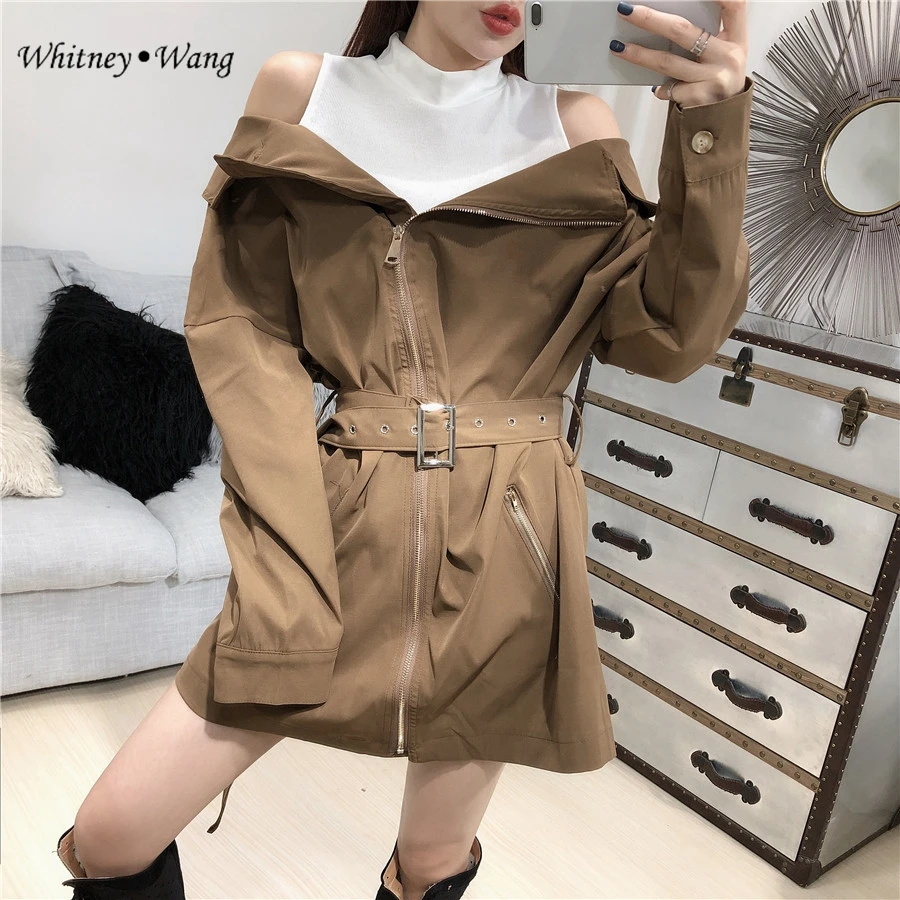 WHITNEY WANG 2019 осеннее модное уличное лоскутное платье с открытыми плечами на молнии