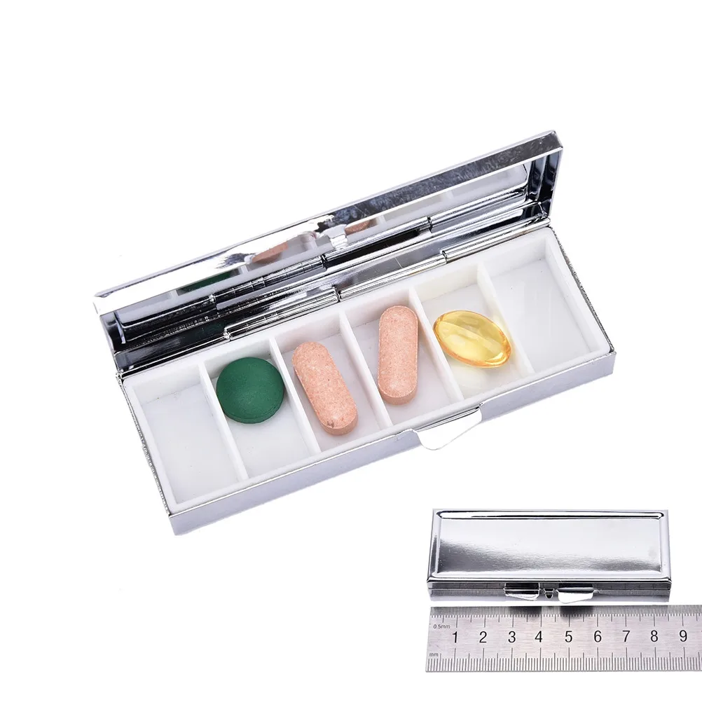 Metal alloy Rectangle Pill Boxes Metal Pill Container 6 Grids Mini Portable Travel Case