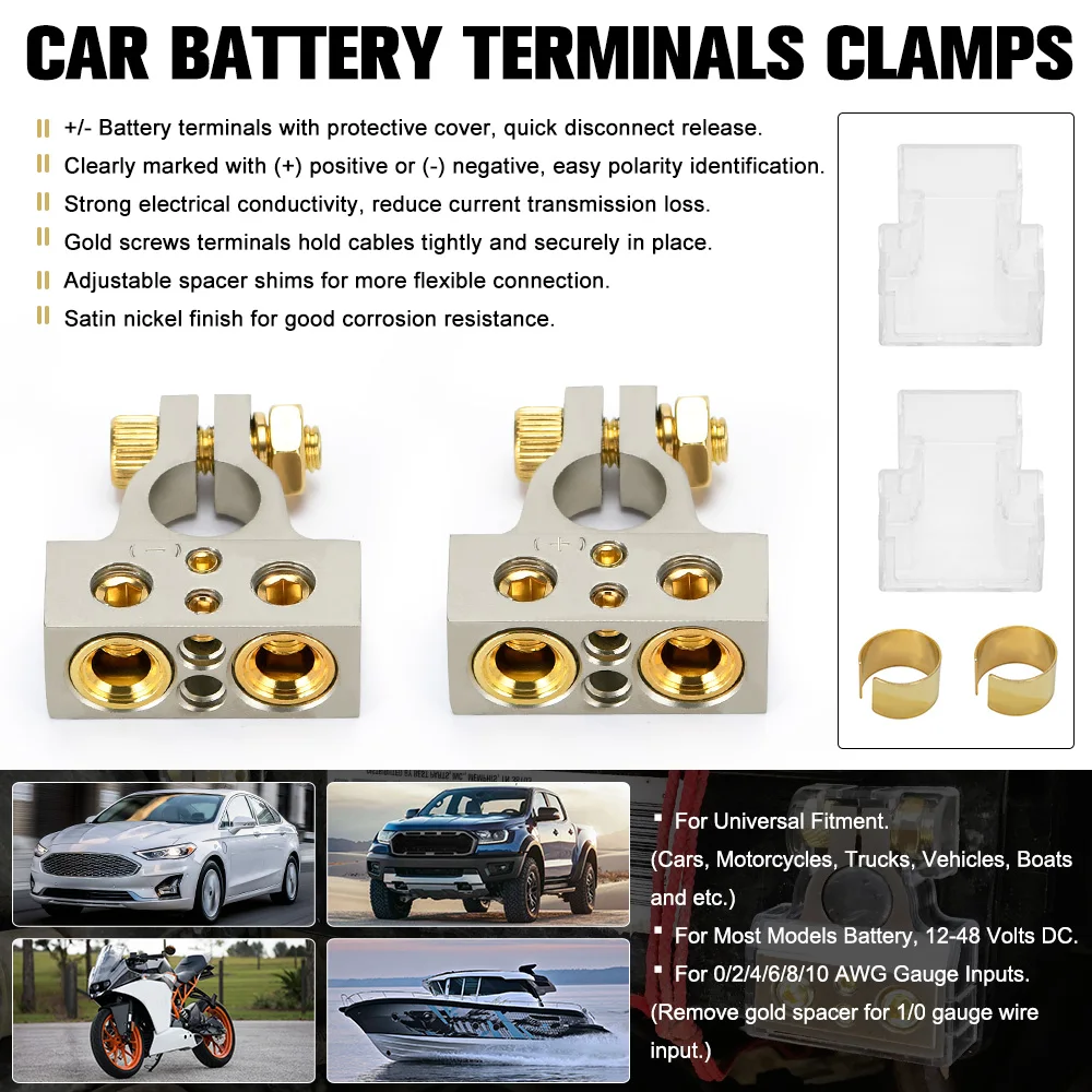 Universal Car Battery Terminal Connectors 0/4/8/10 Gauge AWG Positive Negative Auto Car Marine Battery Terminal Clamp and Shims
