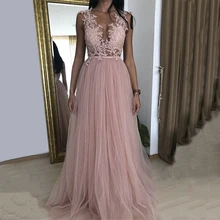 Ангел женат пыльная роза Выпускные платья Кружева аппликации V образным вырезом без рукавов Иллюзия Тюль Вечерние платья vestido fiesta largo