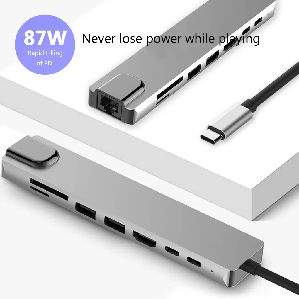 

8 in 1 USB-C Hub Aluminum Alloy HD 2 USB 3.0 Adapter Hub PD Charging SD & TF Card Reader RJ45 100Mbps Not 1000Mbps