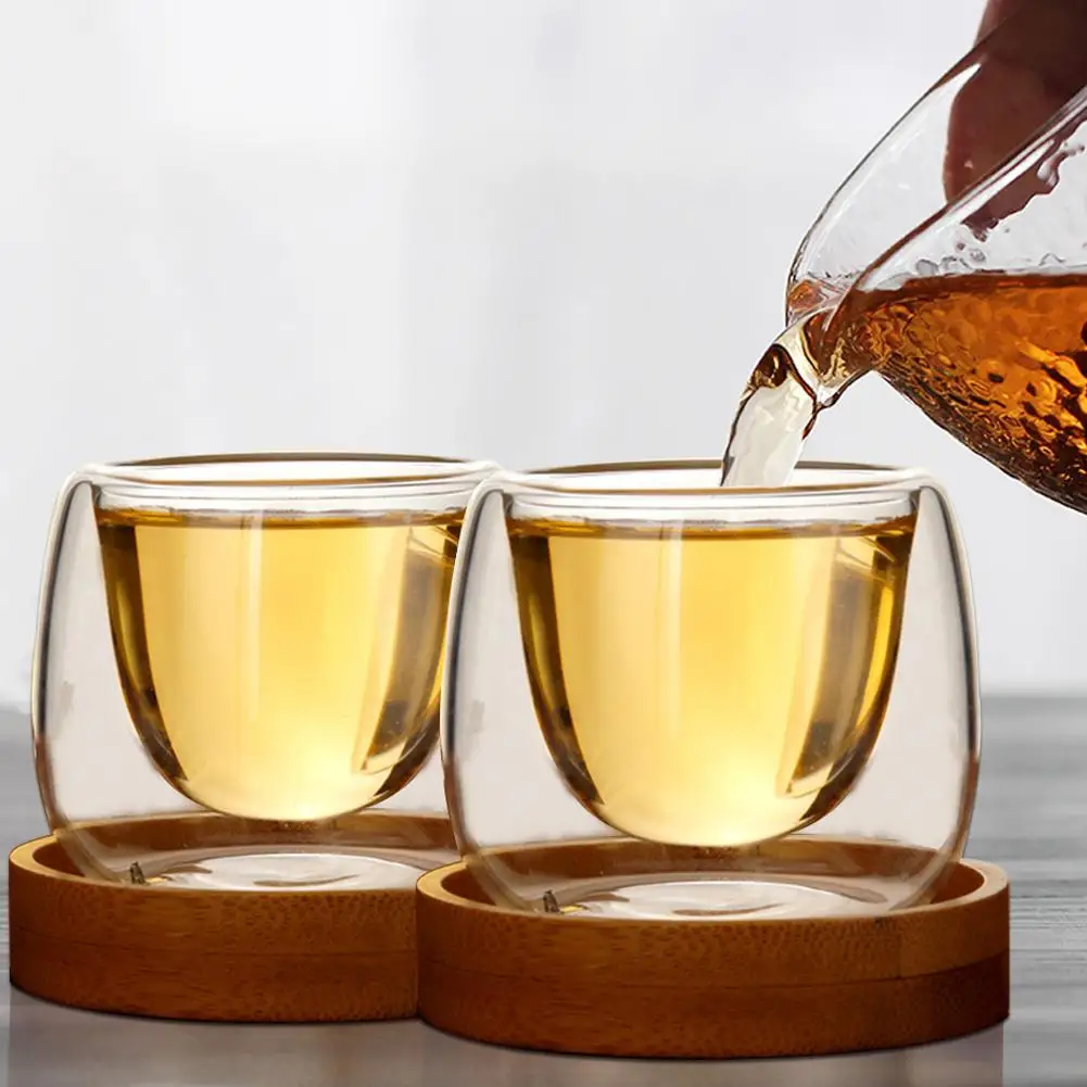 80 мл двойной чайный стаканчик с деревянным лотком ручной-стекло с обогревом маленький бокал кофейная чашка домашний чай набор высокая боросиликатная изоляция