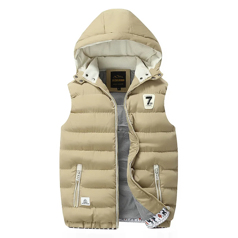 Осенне-зимний мужской жилет с хлопковой подкладкой, мужской жилет размера плюс 5XL, теплая куртка без рукавов, брендовый жилет с капюшоном, Утепленные Пальто - Цвет: Khaki HQ1618