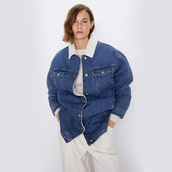 

2019 Fashion ZA Women Denim Cotton Clothing Lambswool Jacket Autumn Winter Long Coat Blue Warm Leisure New Vintage Office Lady