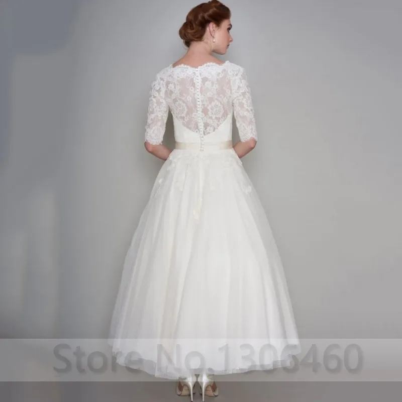 Винтажное 1950s свадебное платье длиной до середины икры, изготовленное на заказ кружевное платье с аппликацией и коротким рукавом для невесты