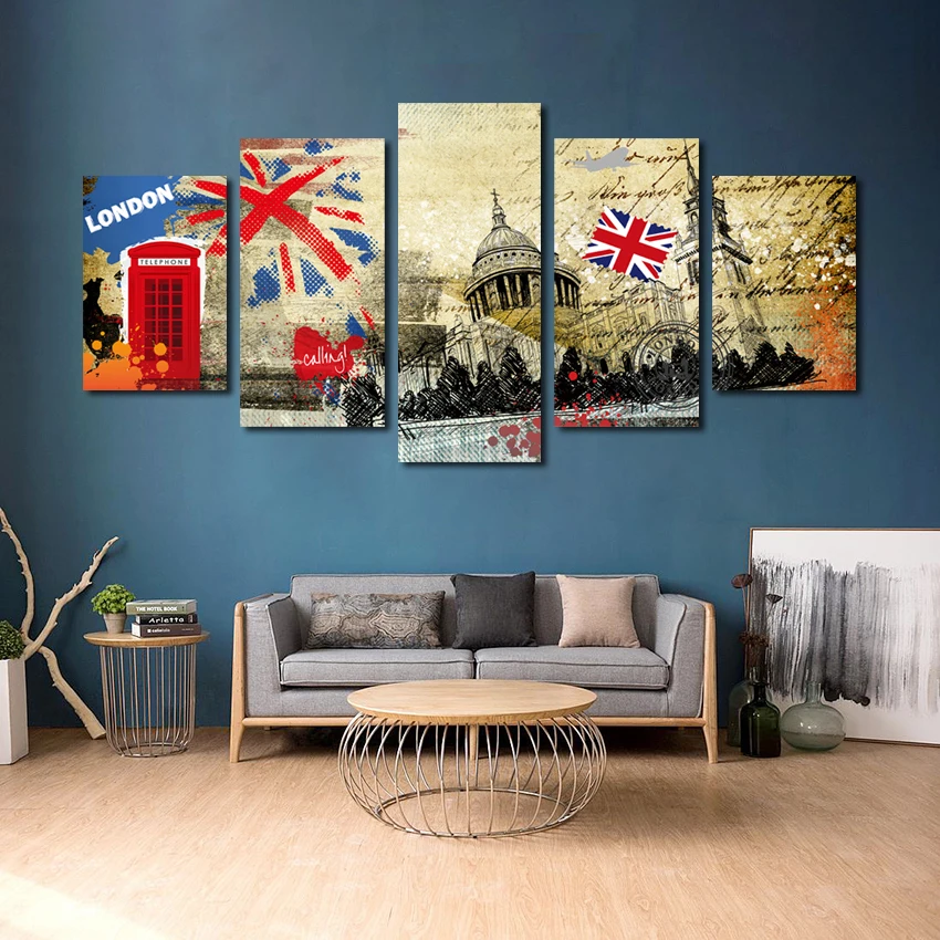5PCS Set Picture Canvas Painting Wall Pictures For Decoration Classic Retro Nostalgic London City Poster Modular Picture
