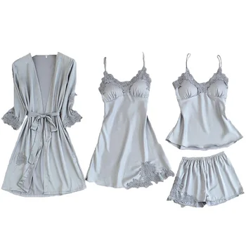 

4 Pieces Women's Pajamas Sets With Bathrobe Nightdress Full Sleeve Satin Robe Gown Sets Summer Sexy Nightwear Homewear