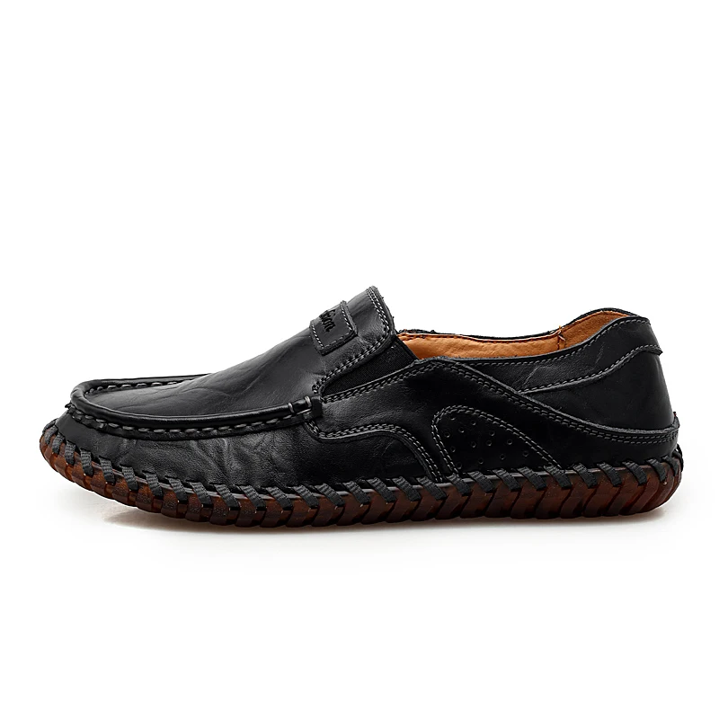 Handmade Genuine Leather men shoes Large size 48 Fashion Men Casual Shoes Autumn Men flats black leather shoes male Footwear - Цвет: Black