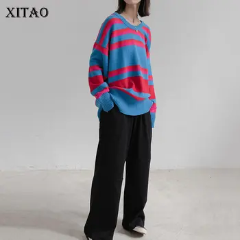 

XITAO Knitted Striped Sweater Fashion Pullover Elegant Thin 2019 Autumn O Neck Small Fresh Slim Casual Style Sweater Top GCC1563