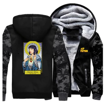 

pulp fiction pattern fleece warm sweatshirts Men raglan saint mia fashion print hooded hoodie 2019 casual zipper outwear jackets