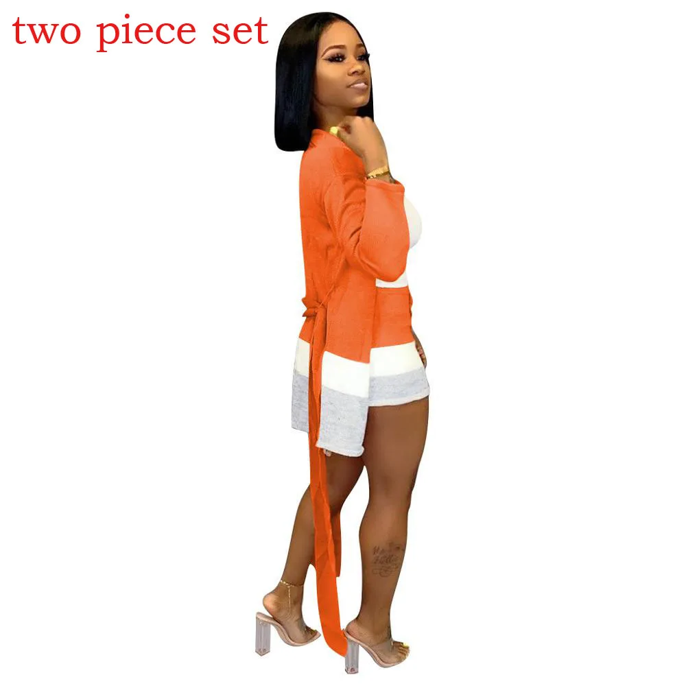 two piece Orange Вязаные комплекты из двух предметов, длинные кардиганы в полоску с длинными рукавами, с поясом и шортами, одинаковые комплекты, женские повседневные Костюмы - Цвет: two piece Orange