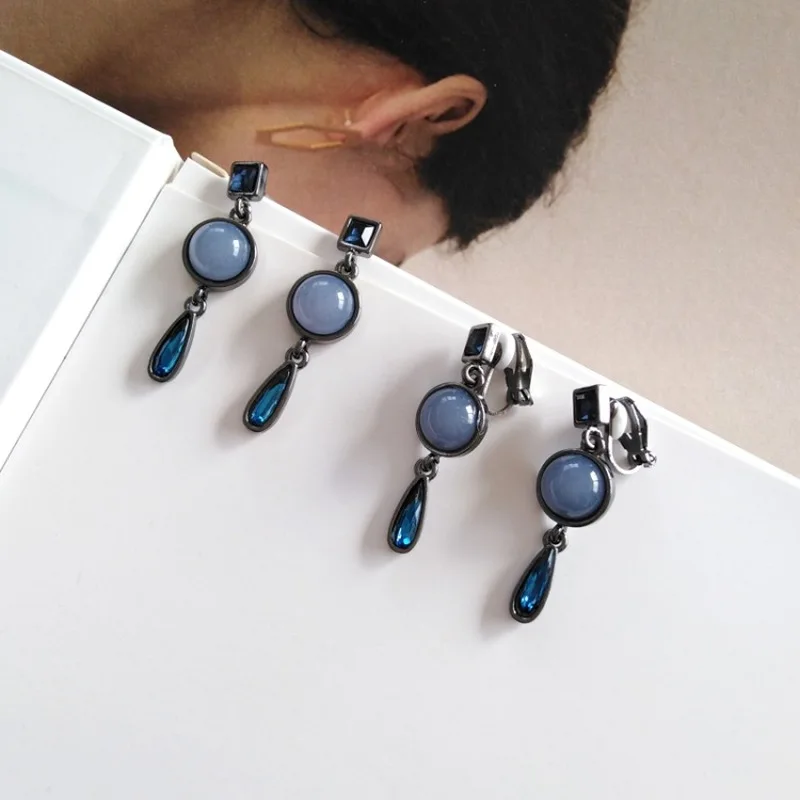 

Japanese Korean Simple Fashion Girl Women's Accessories Vintage Temperament Resin Glass Geometric Clip Earrings Jewelry