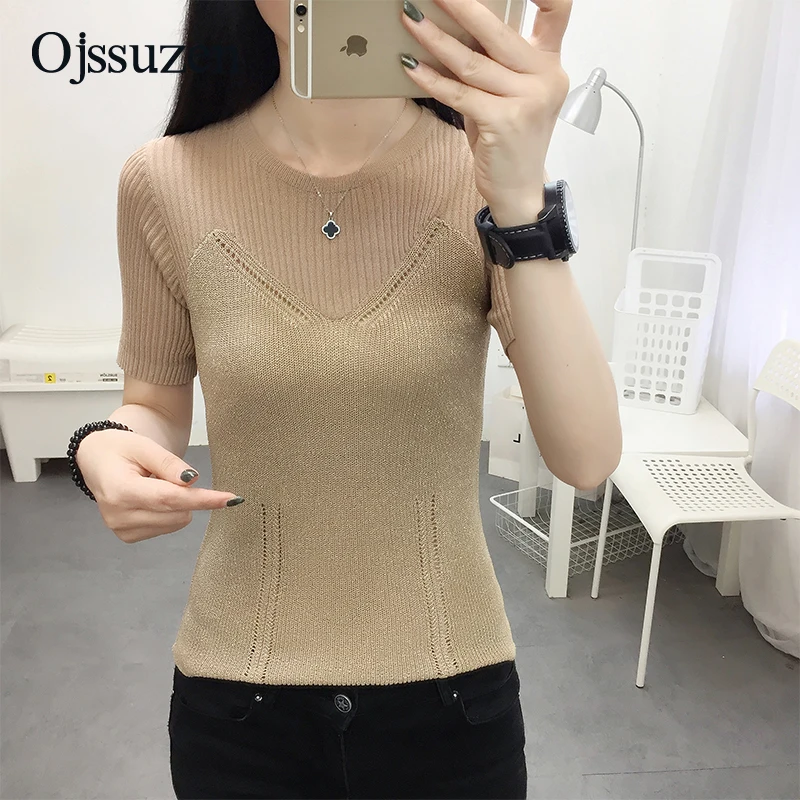 

Cool Sweater Knitted Women Summer Pullovers Solid Patchwork Short Sleeve O Neck Tops Female Basic Jumper Knitting Ladies Black