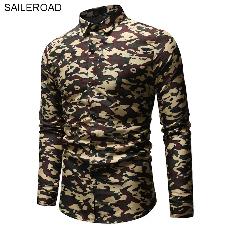SAILEROAD приталенная Мужская рубашка с длинными рукавами, Высококачественная брендовая мужская одежда, камуфляжная Мужская рубашка, футболка, мужская рубашка