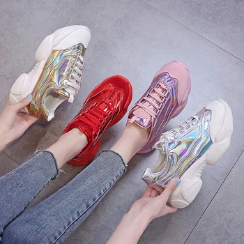 

Women Thick Bottom Platform Sequin HiP HOP Dance Shoes Sneakers For Women Student Vulcanize Gold Silver Casual Shoes New 2019