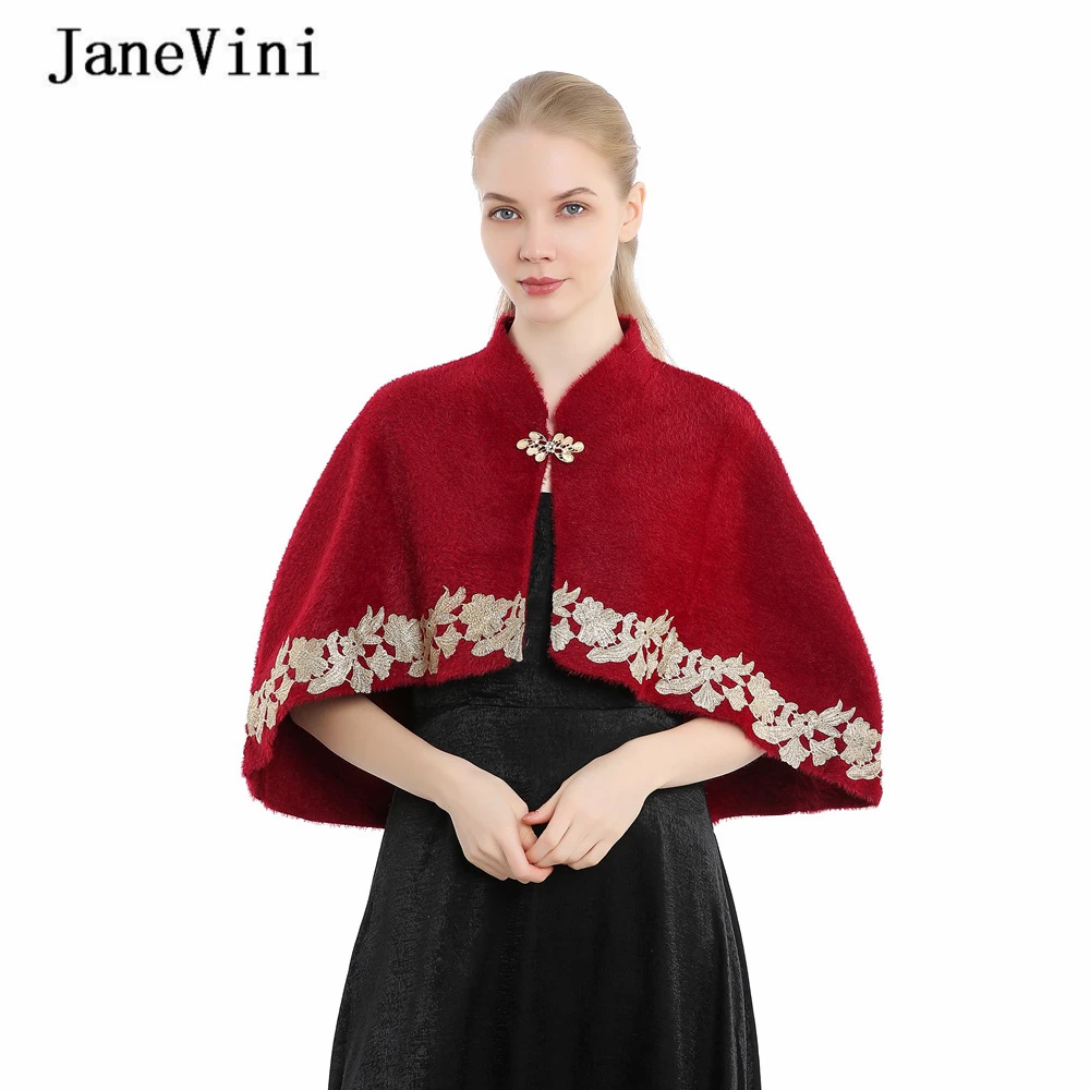 JaneVini 2021 Winter Bridal Coat Gold Appliques Faux Fur Cape Cloak Soft Warm Women Shawl Wrap Jacket Wedding Party Accessories