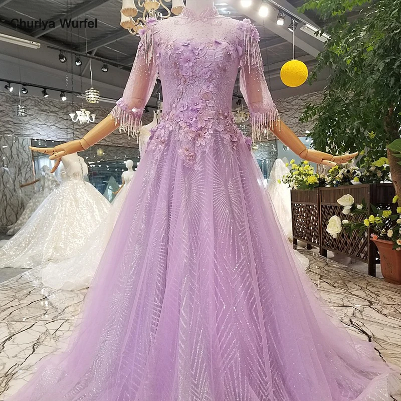 LS124799 блестящее фиолетовое вечернее платье с высоким горлом и шнуровкой сзади, кружевное вечернее платье для мамы для невесты, реальные фотографии