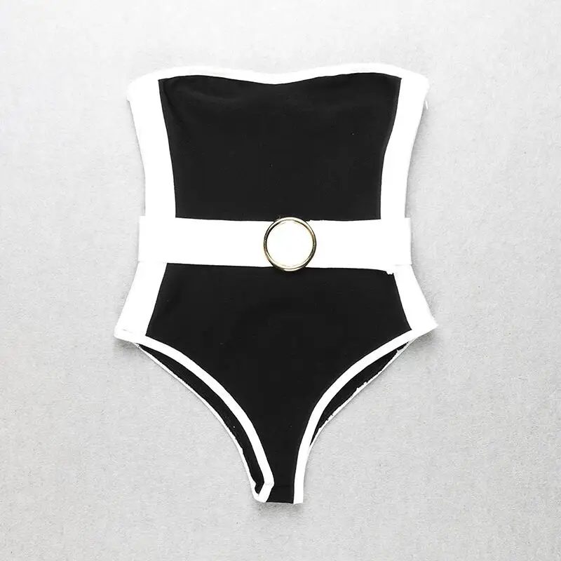 New fshion Women Summer Bodysuit Black Strapless Belt Patchwork Bckless Clubwear Casual Verano Bandage Bodysuits Sexy Festa