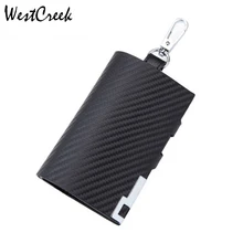 Брендовый держатель ключей для автомобиля от westкрик из натуральной кожи с узором из углеродного волокна, многофункциональный кошелек для ключей с карманом для монет на молнии