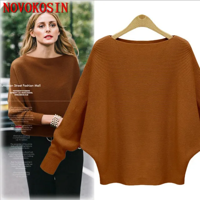 26 Colors Autumn Outstreet High Stretch Knitwear Wide Collar Pullover Knits Women Knitted Long Batwing Sleeves Loose Sweater 1