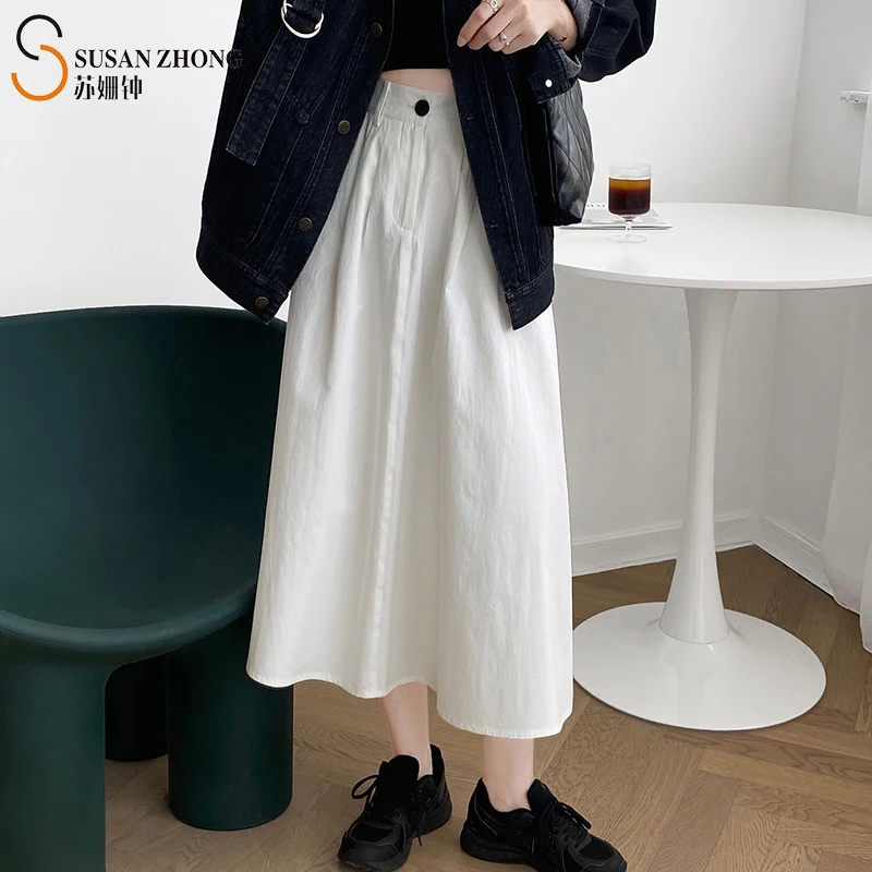 

Women Skirt Female Elegant Romantic Casual A-Line Belt Loop Side PocketsÂ Zipper Fly Front Pleated Mid-Calf Solid Button Elastic