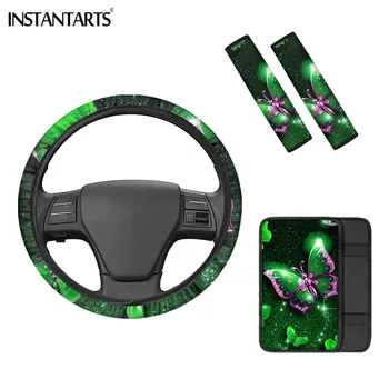 

INSTANTARTS 3D Beautiful Butterfly Pattern Steering Wheel Cover 4pcs Set car Interior Elastic Seat Belt Cover Reusable Universal