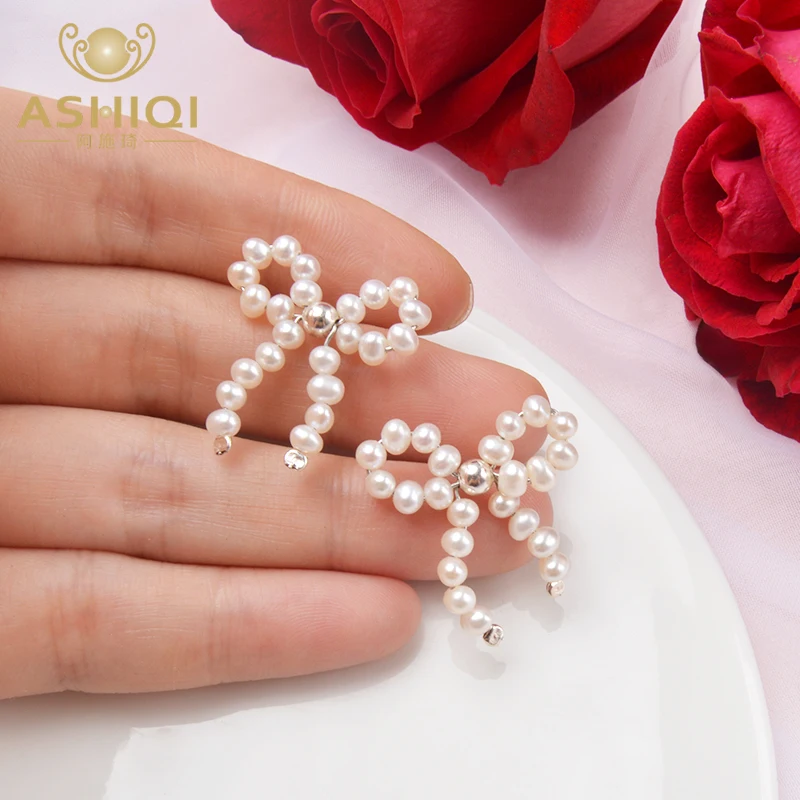 

ASHIQI 3-4mm Mini Natural Freshwater Pearl Stud Earrings for Girls 925 sterling silver Bow Jewelry Gift