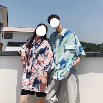 

2020 Summer New Youth Popular Men's Color Matching Tie-dye Loose Short-sleeved Shirt Fashion Casual Single-breasted Shirt