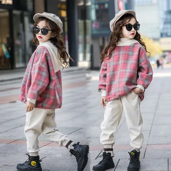 

Girls Clothes Set Autumn Winter Fleece Plaid Tracksuit Kids Thicken Sweatshirts Pants 2 Pcs Suit Children's Costumes 8 10 12 Y