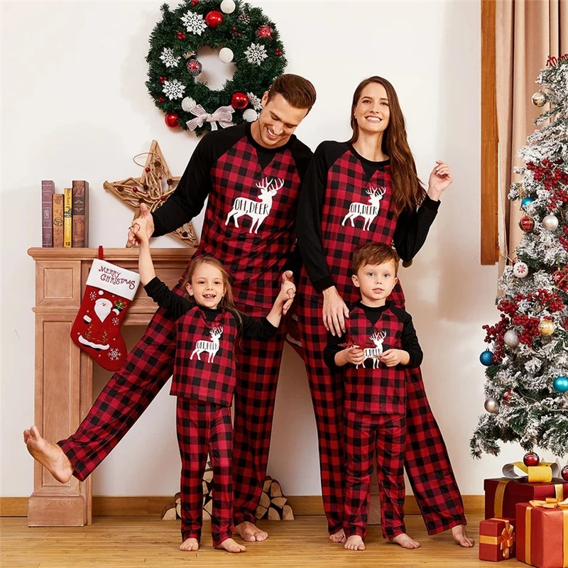 

Pajamas Women Family Matching Christmas Plaid Fawn Print Top Pants Set Family Look Clothes Adult Sleepwear Kid Baby Nightwear