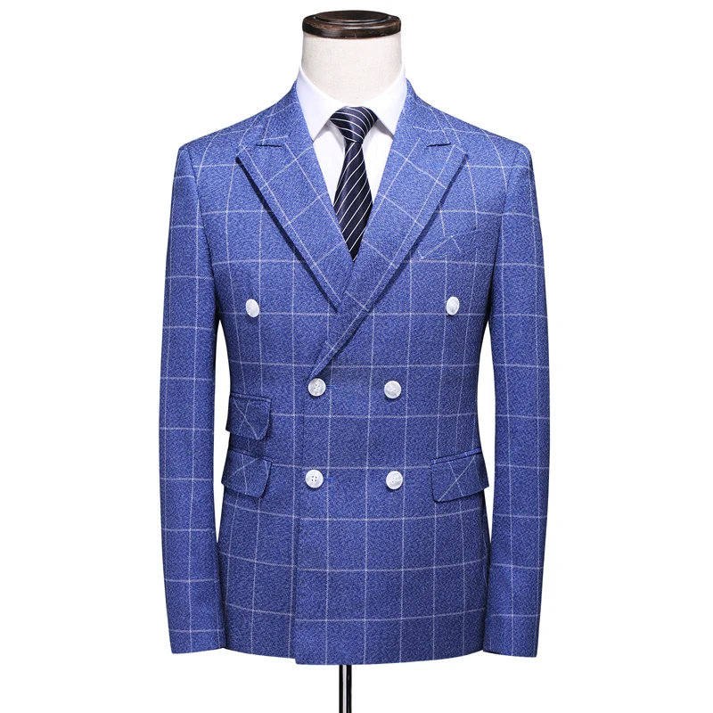 Classic Plaid Stripe Men Business Suit Slim Fit Mens Suit Jacket and Pants with Vest Fashion Double-breasted Men Wedding Suit