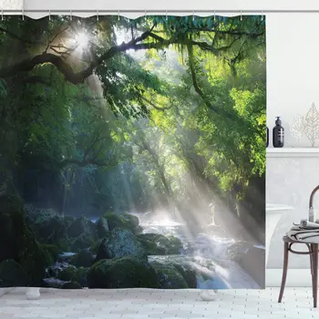 

White Green Rainforest Shower Curtain Stream The Jungle Stones Under Shadows Trees Sun Rays Mother Earth Theme Bathroom Curtain