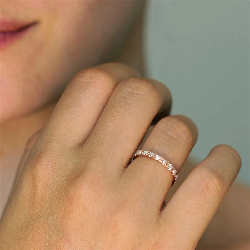 

Minimalist Female Small Pearl Zircon Ring Fashion Rose Gold Color Engagement Ring Classic Promise Wedding Rings For Women