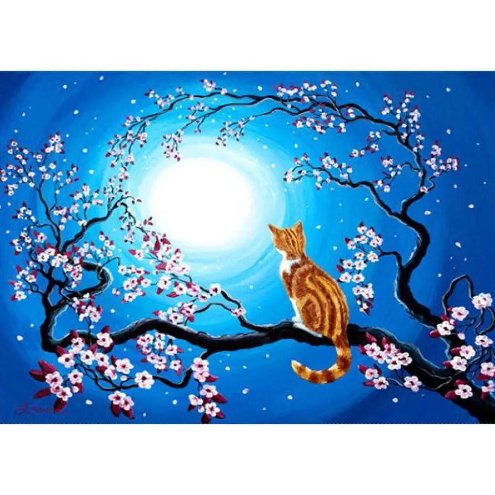 5D Diamond Painting Full Square Round Embroidery Cats Tree Moon Mosaic Animals Pictures Of Rhinestones | Дом и сад