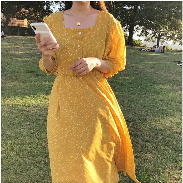 Summer летнее платье для девочек; Повседневное платье Boho OL; повседневное шифоновое в горошек с принтом; женские платья с длинными рукавами; женское платье; Robe femme Vestido