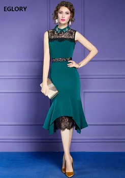 

New 2020 Fashion Celebrity Inspired Women Turn-down Collar Lace Patchwork Sleeveless Midi Party Mermaid Dress Green Purple 3XL