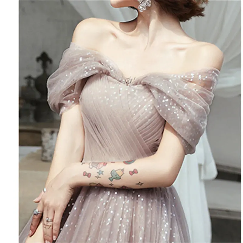 It's YiiYa Cocktail Dress Elegant Boat Neck Women Party Dresses Off Shoulde Plus Size Shining Tea Length Robe De Soiree E886