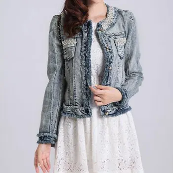 

2020 New Fashion Denim Jacket Female Outerwear Pearl Beading Causal Jeans Coat Women's Vintage Long Sleeve Spring Short Jackets