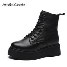 Women Boots Genuine Leather Ankle Boots flat Platform Boots Fashion zipper Thick bottom Black Ladies Shoes