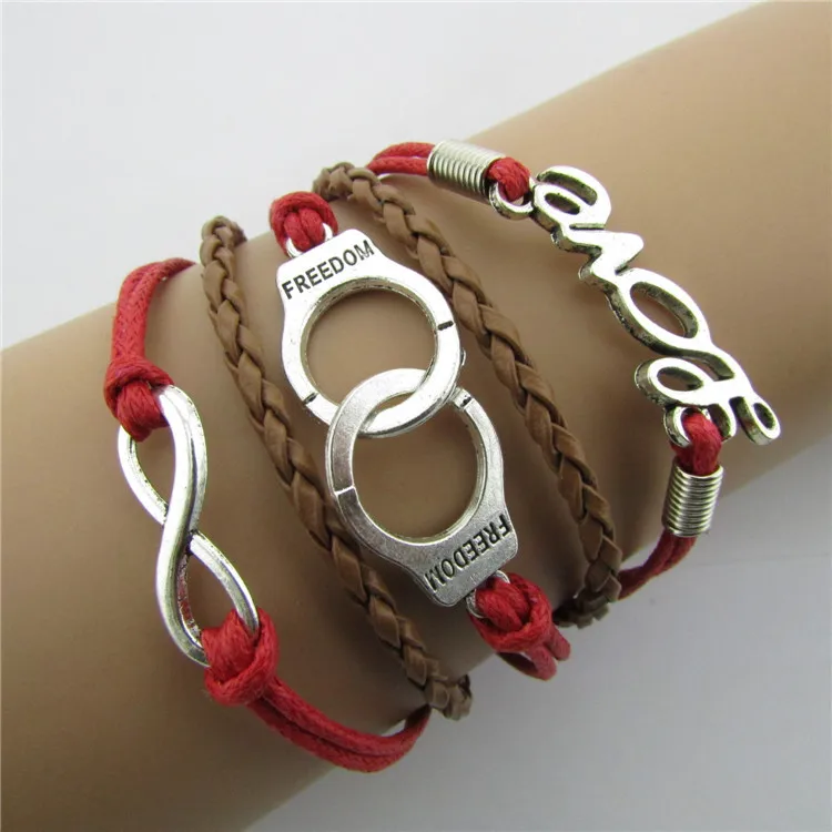 

Retro handcuffs love8 word multi strand fashion hand knitted five layer Christmas leather man and woman Bracelet