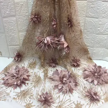 

FolaSade Noble Design 3d Flower With Feather Embroidered French Sequins Nigerian Lace Fabric African Tulle Lace Fabric Wo323