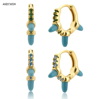 

ANDYWEN 925 Sterling Silver Gold 8.9mm Turquoises Spike Hoops Circle Zircon Pave Huggies 2020 Fine Jewelry For Women Fashion