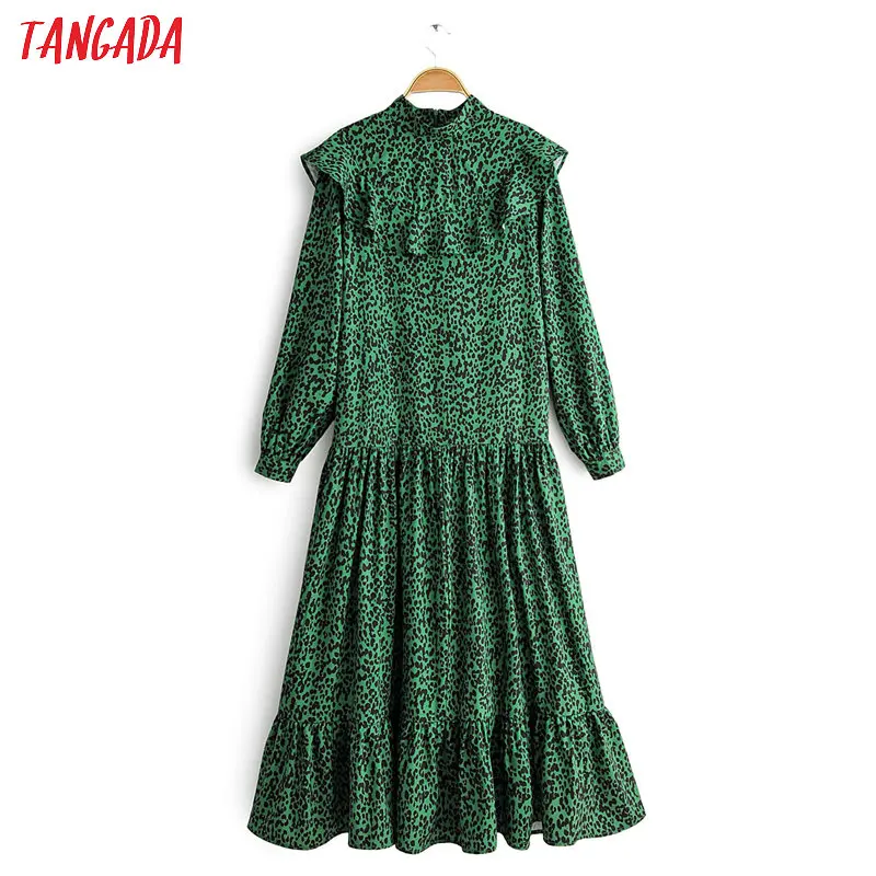 

Tangada women leopard print green long dress ruffles back zipper 2020 spring fashion ladies elegant dress vestidos 1F45