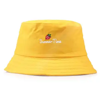

Casual Strawberry Print Bucket Hat men and women Summer Foldable Beach Sunscreen Wide Brim Flat Top Sun Hat Female Fisherman Cap