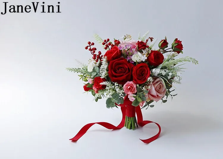JaneVini Ramo Novias красный свадебный букет цветов винтажный Готический Свадебный Искусственный Розовый Бутон розы лента невесты цветы Букеты