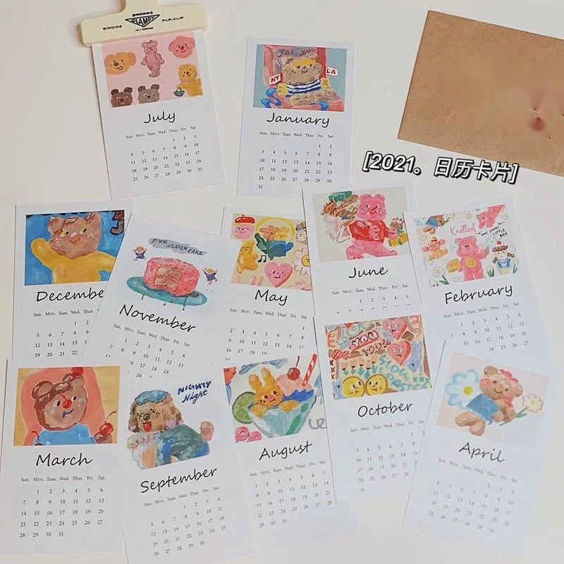 Pintura al óleo de oso, calendario mensual, postal, decoración de pared de dibujos animados, tarjeta adhesiva, accesorios de posado, regalos para niños, 2021
