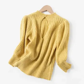 

Women Sweaters 2020 Spring and Summer New Retro Bubble Shoulder Sleeves Backless Mohair Blend Short Sweater Women